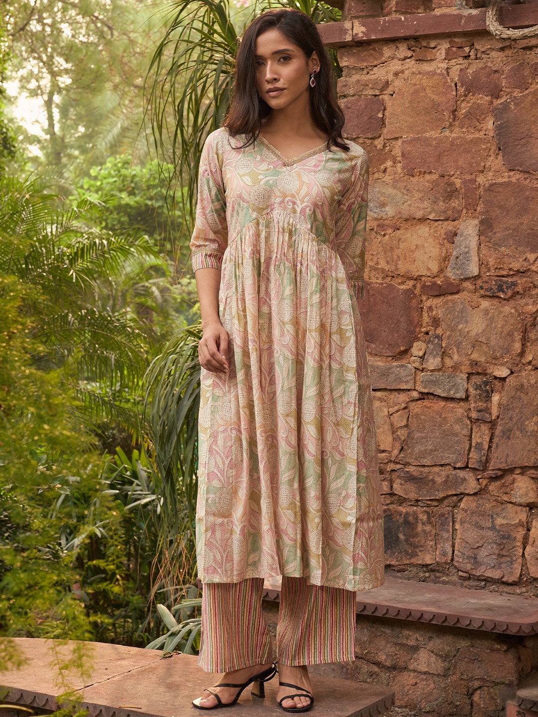 

Libas Beige Floral Printed Gotta Patti Pleated A-Line Kurta with Palazzos