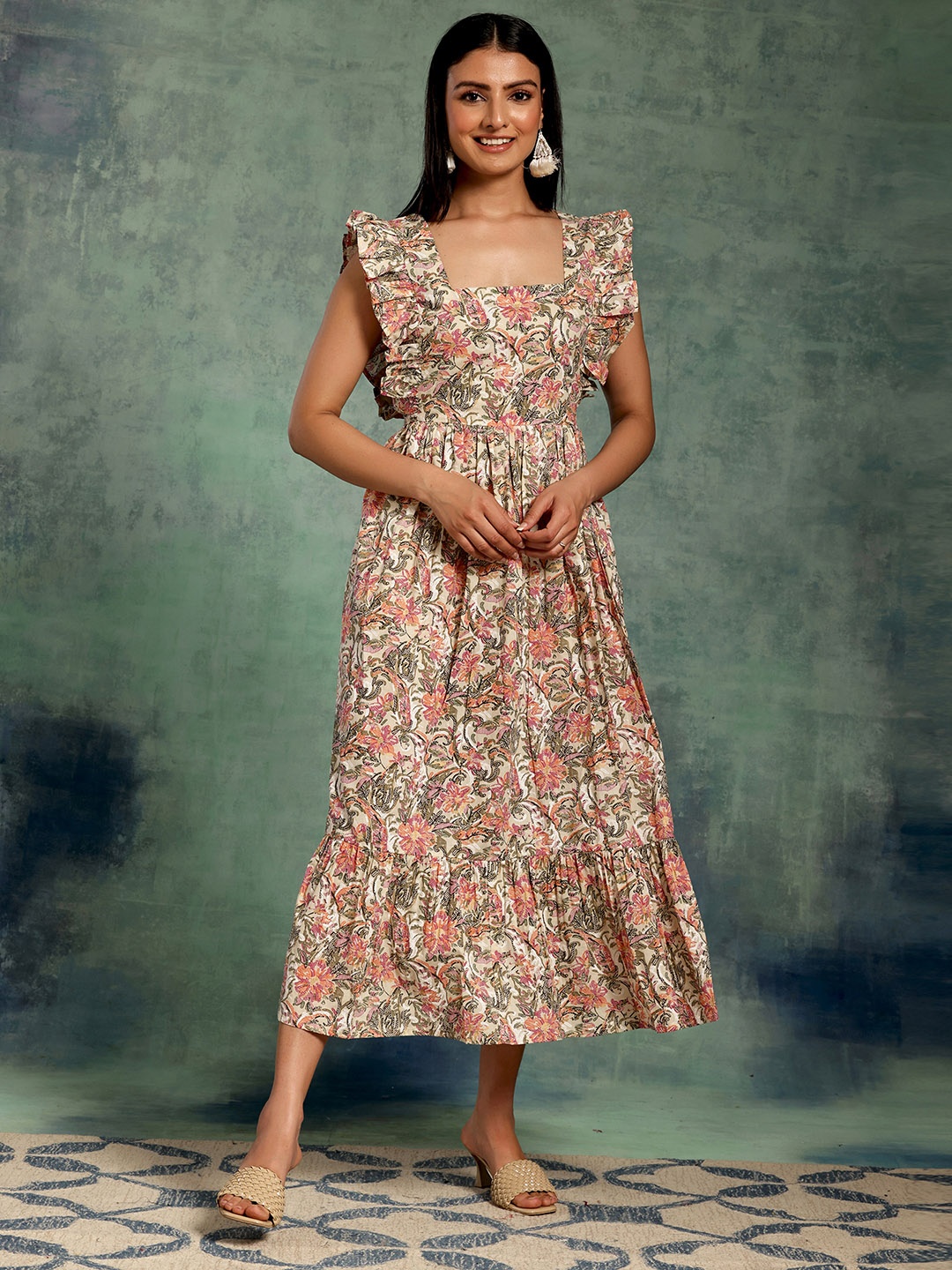 

Libas White Floral Printed Flutter Sleeve Gathered Empire Cotton Midi Dress