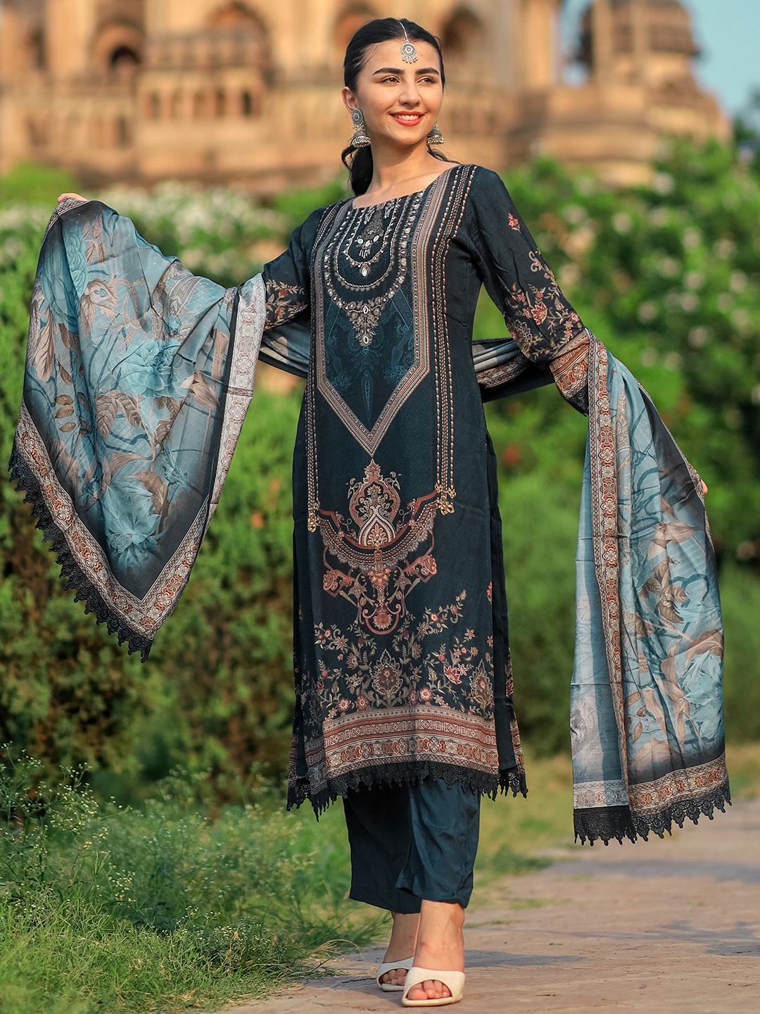 Libas Blue Floral Printed Thread Work Kurta With Palazzos & Dupatta