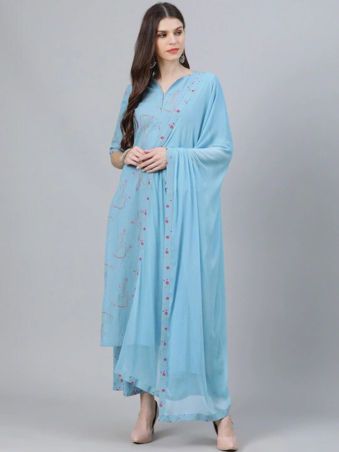 

KALINI Printed Regular Kurta with Trousers & With Dupatta, Blue