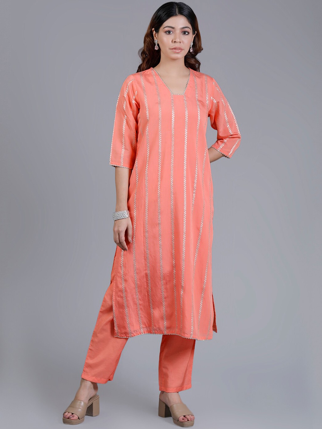 

KALINI Striped Gotta Patti Chanderi Silk Kurta with Trousers, Orange