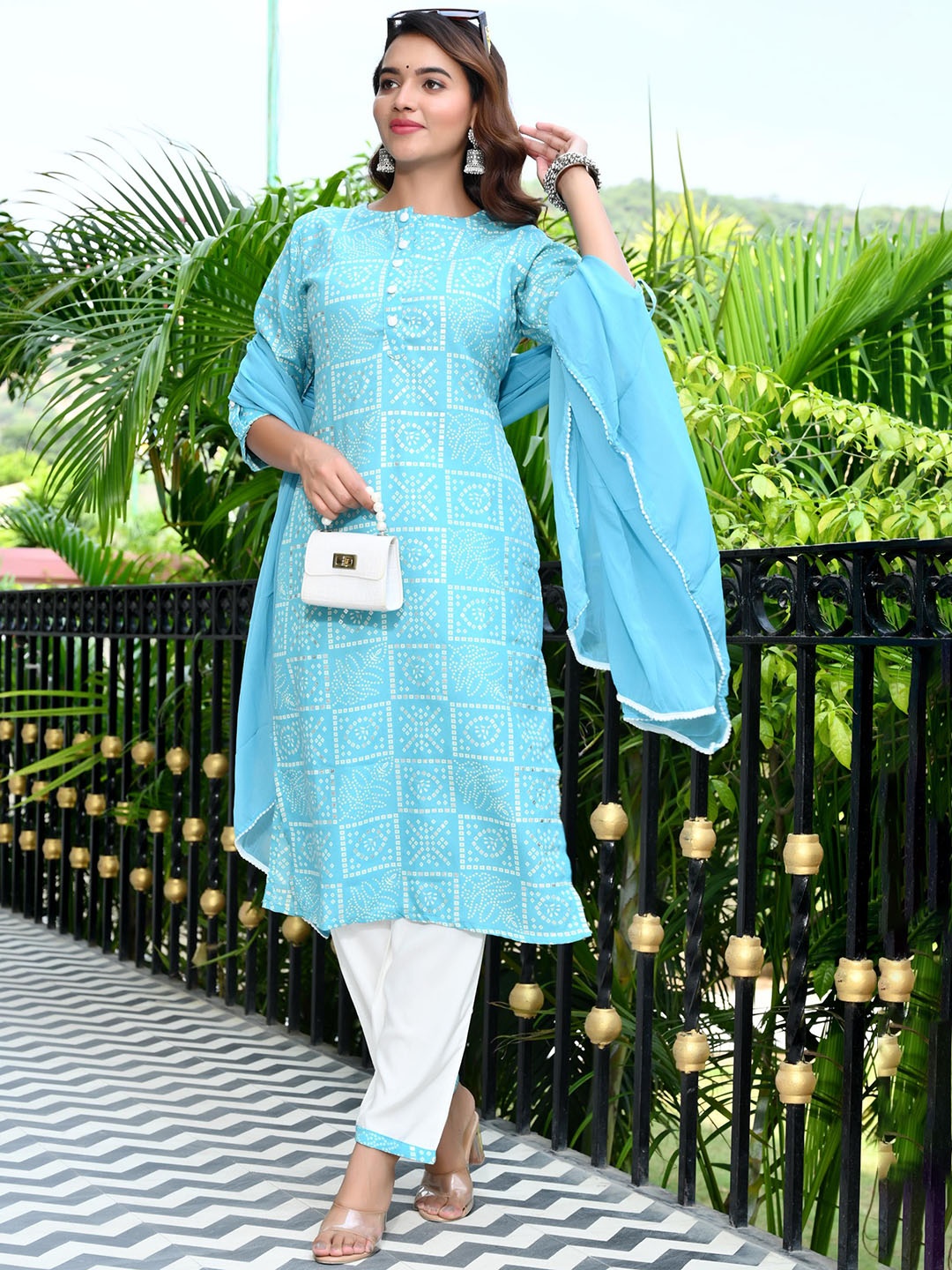 

KALINI Bandhani Printed Kurta & Trousers With Dupatta, Blue