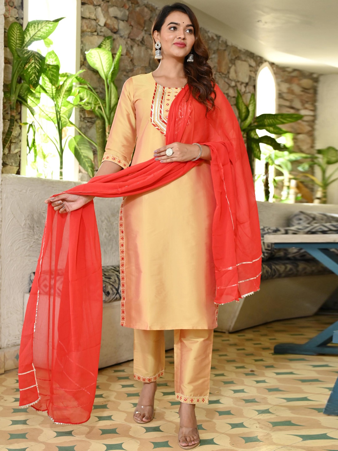 

KALINI Ethnic Motifs Yoke Design Gotta Patti Kurta & Trousers With Dupatta, Yellow