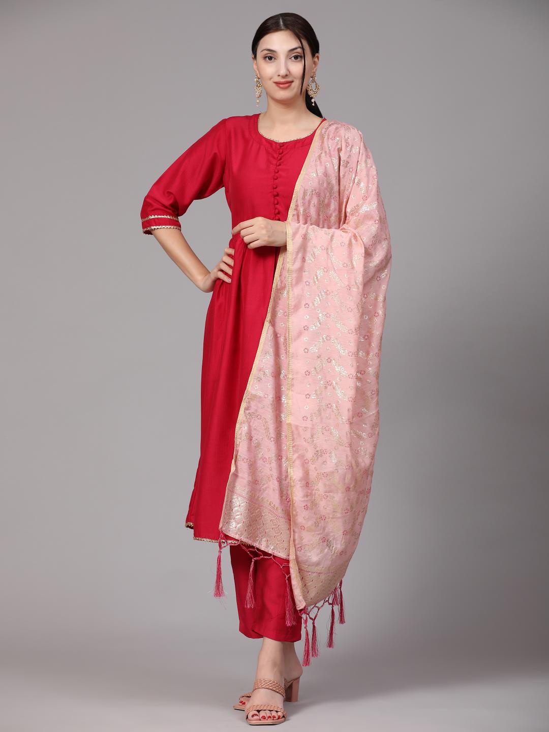 

KALINI Pleated Kurta with Trousers & With Dupatta, Red