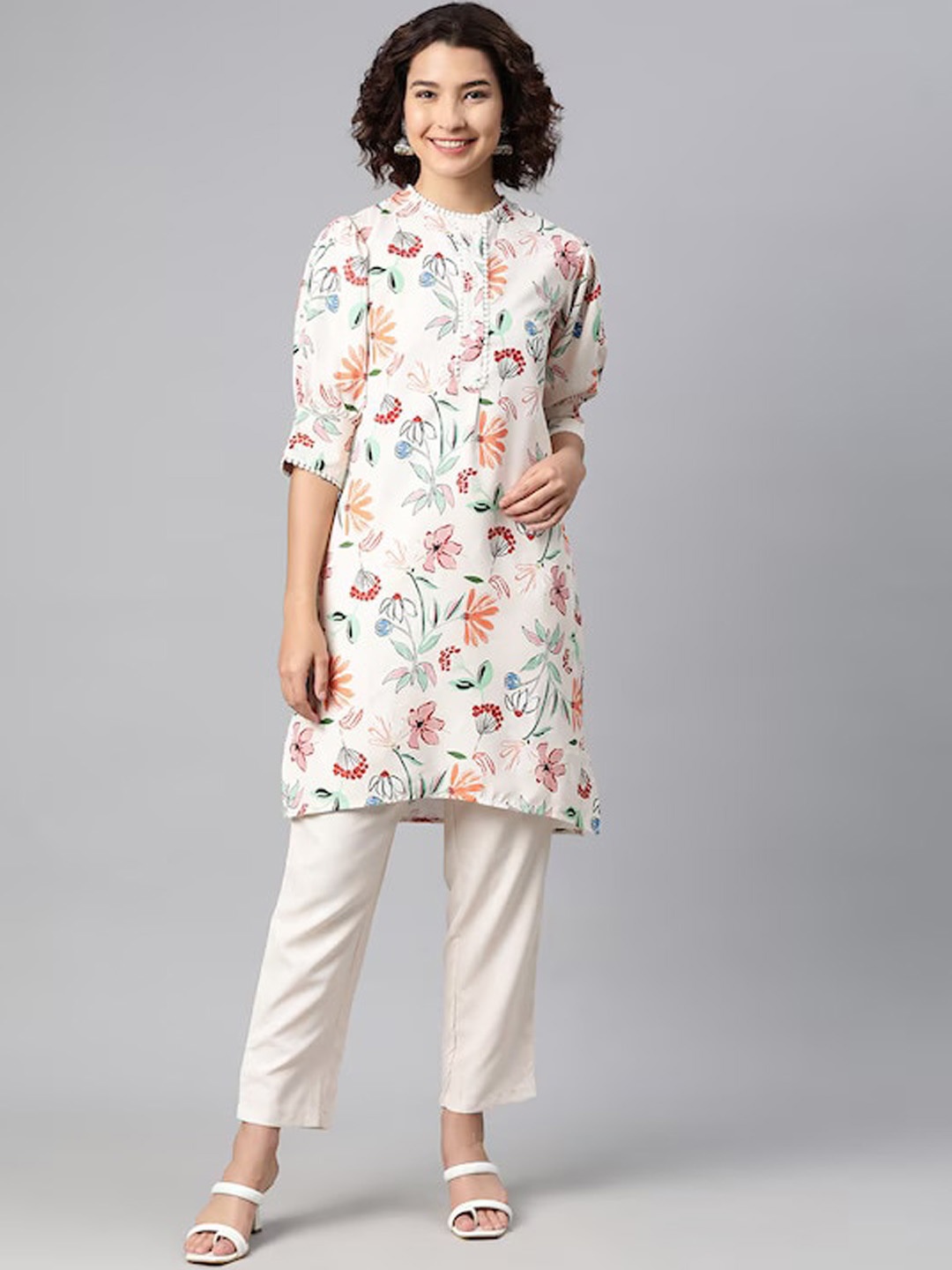 

KALINI Floral Printed Regular Kurta with Trousers, Beige