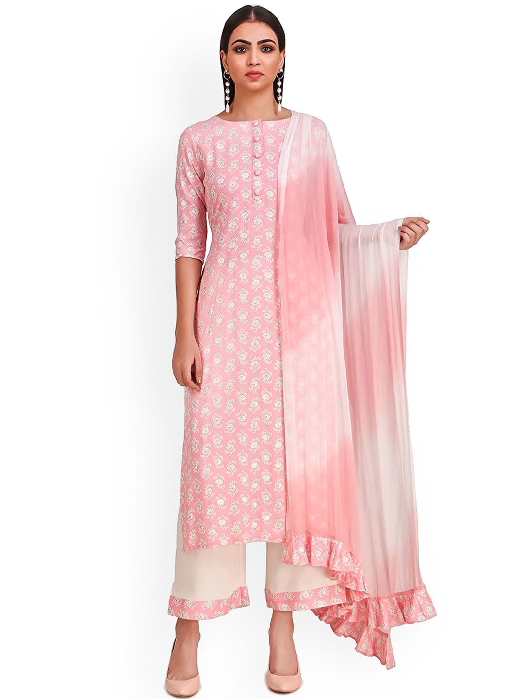 

KALINI Floral Printed Kurta & Trousers With Dupatta, Pink