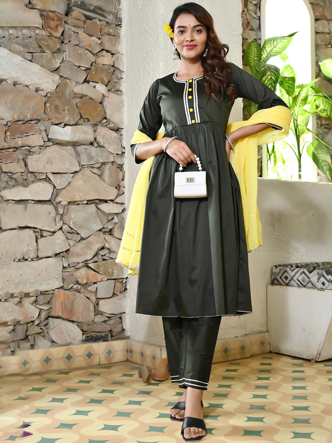 

KALINI Yoke Design Regular Gotta Patti Kurta with Trousers & With Dupatta, Green