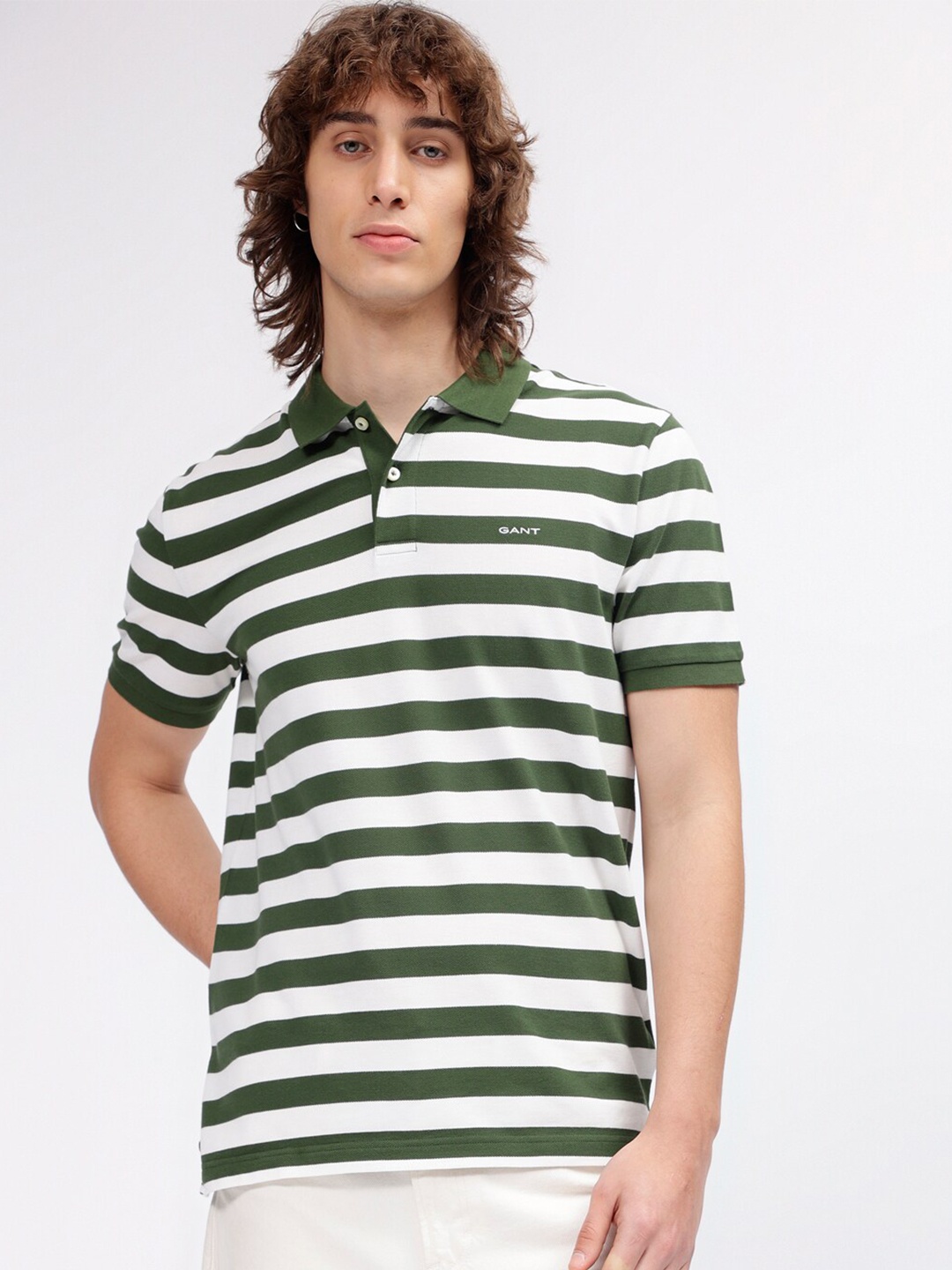 

GANT Striped Polo Neck Regular Fit T-Shirt, Green