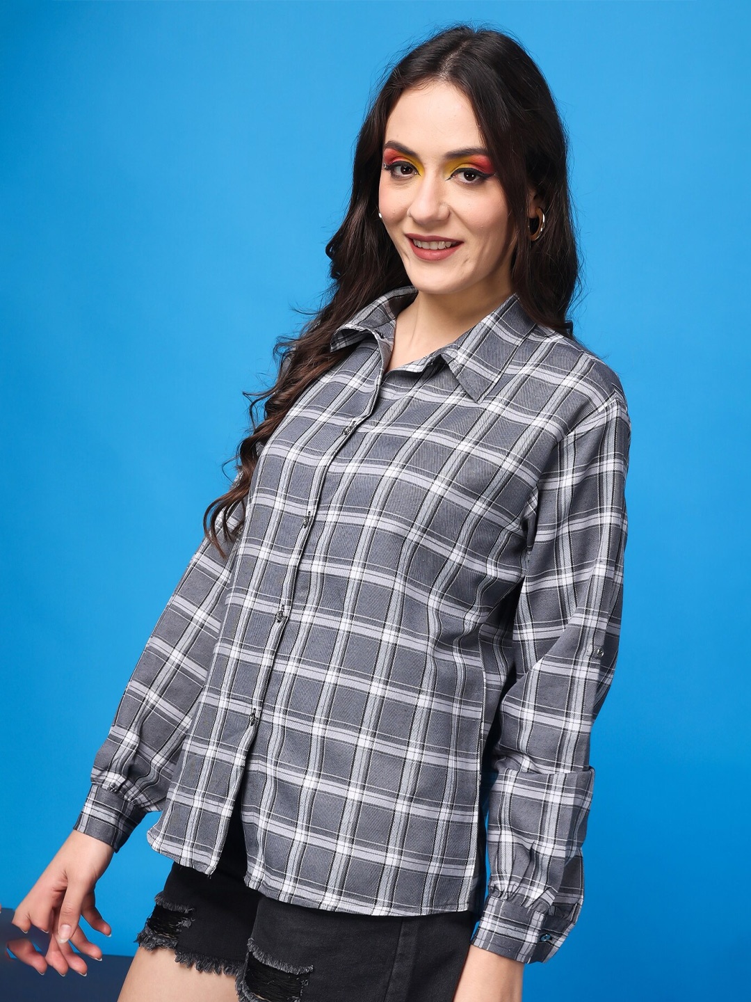 

Popwings Relaxed Windowpane Checks Pure Cotton Casual Shirt, Grey
