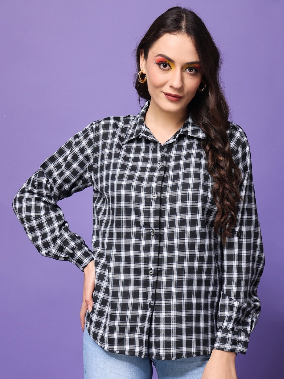 

Popwings Relaxed Checked Pure Cotton Casual Shirt, Black