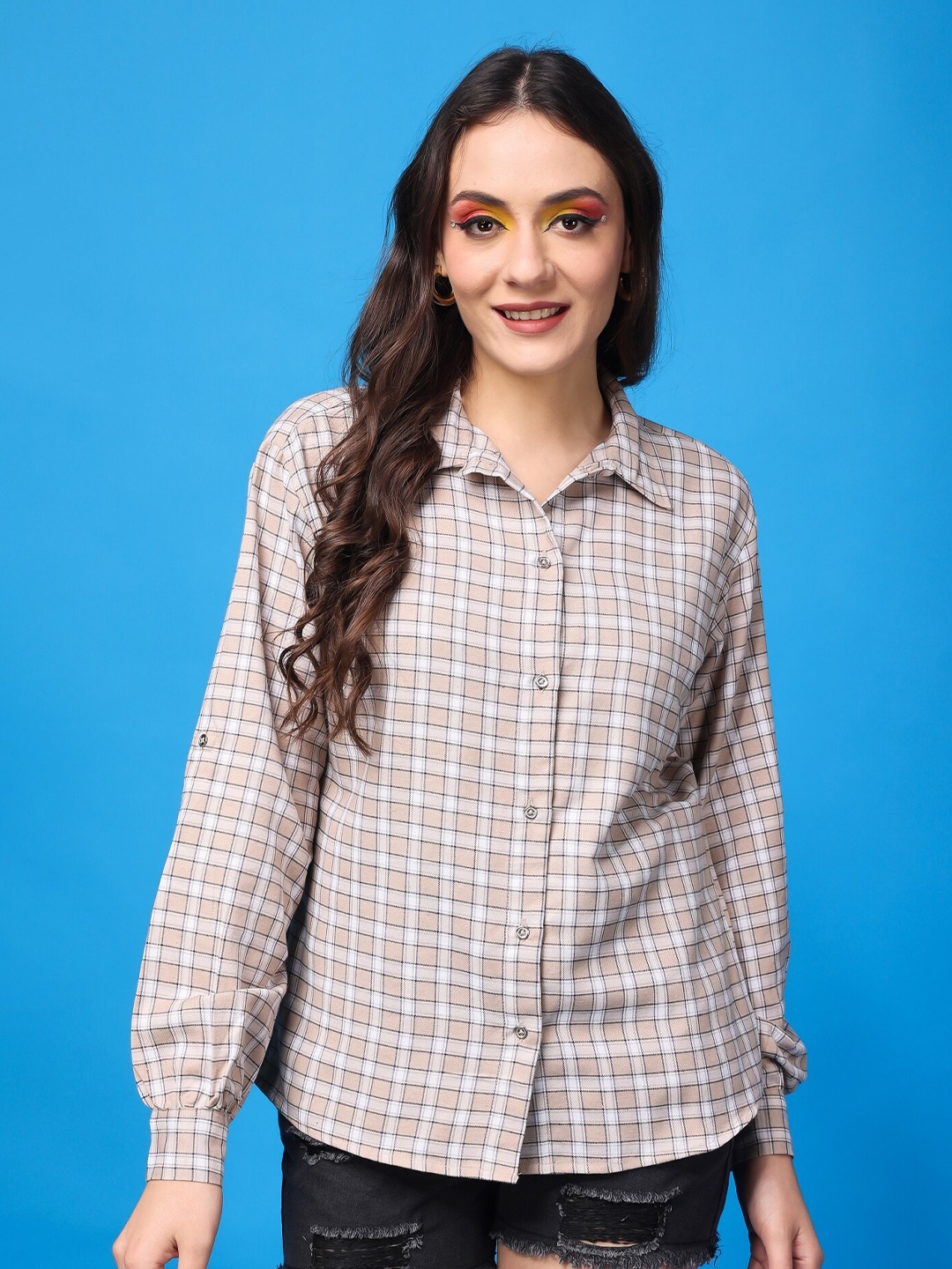 

Popwings Relaxed Tartan Checks Pure Cotton Casual Shirt, Cream