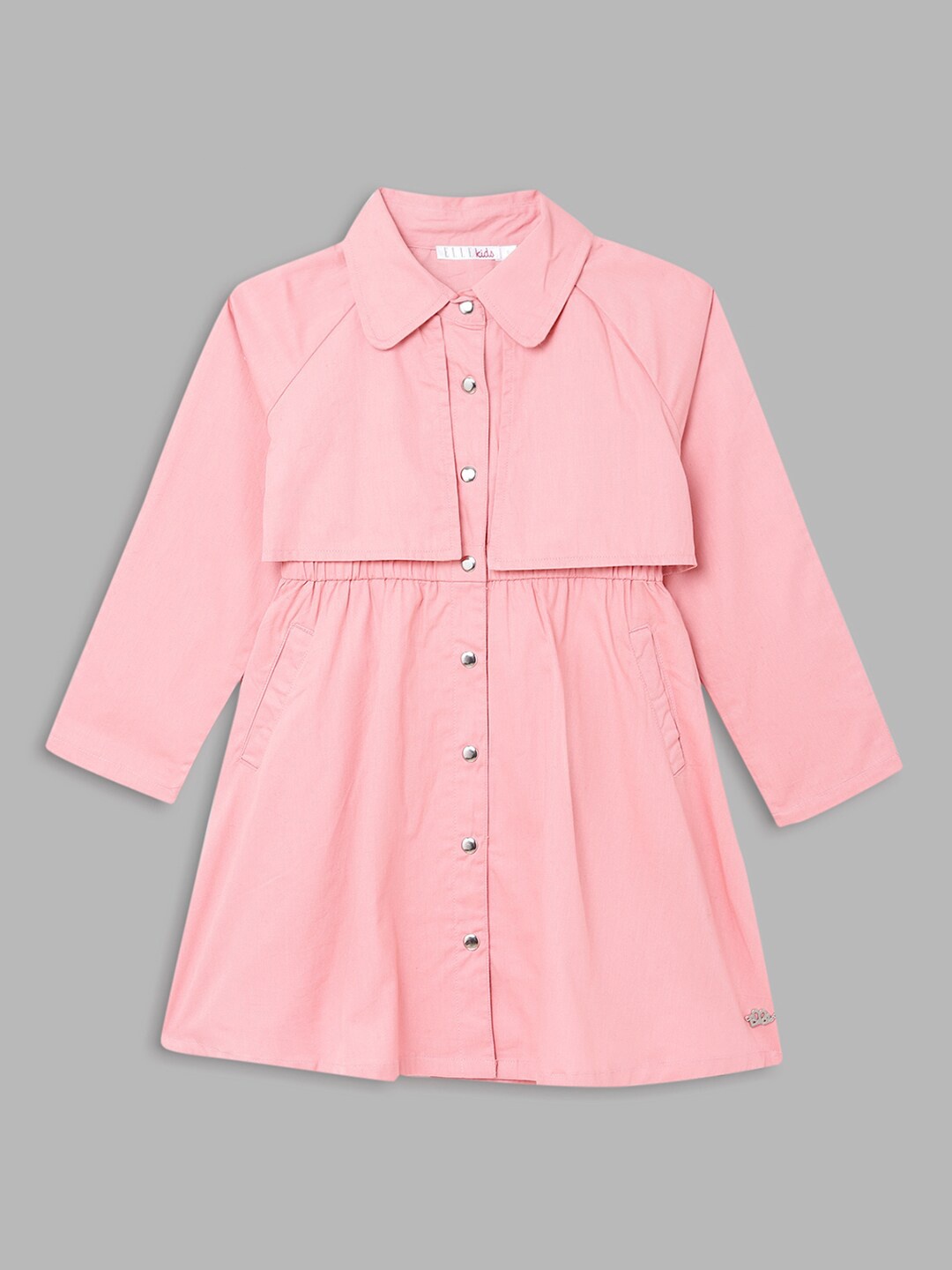

ELLE Girls Shirt Collar Cotton Long Sleeves A Line Dress, Pink