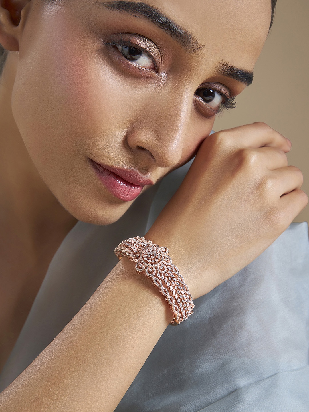 

Kushal's Fashion Jewellery Rose Gold-Plated Zircon-Studded Kada Bracelet