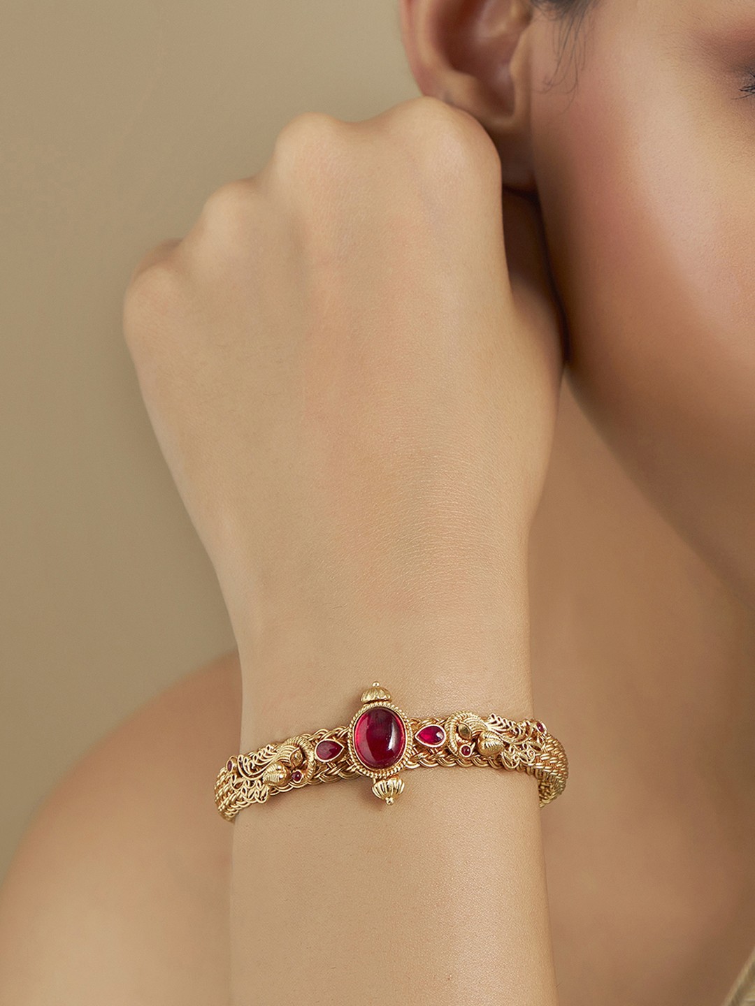 

Kushal's Fashion Jewellery 92.5 Pure Silver Gold-Plated Temple Bangle-Style Bracelet