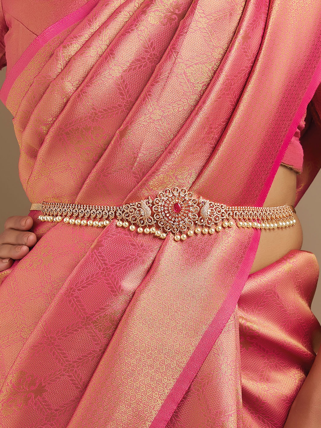 

Kushal's Fashion Jewellery Cubic Zirconia Studded Gold Plated Waist Chain Saree Accessory