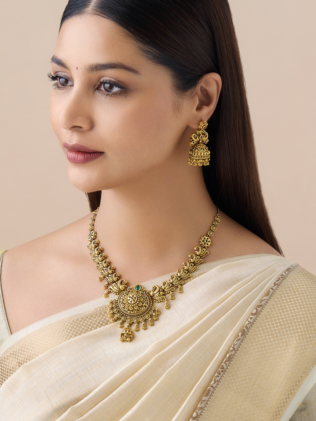 

Kushal's Fashion Jewellery Gold-Plated Stones-Studded Antique Jewellery Set