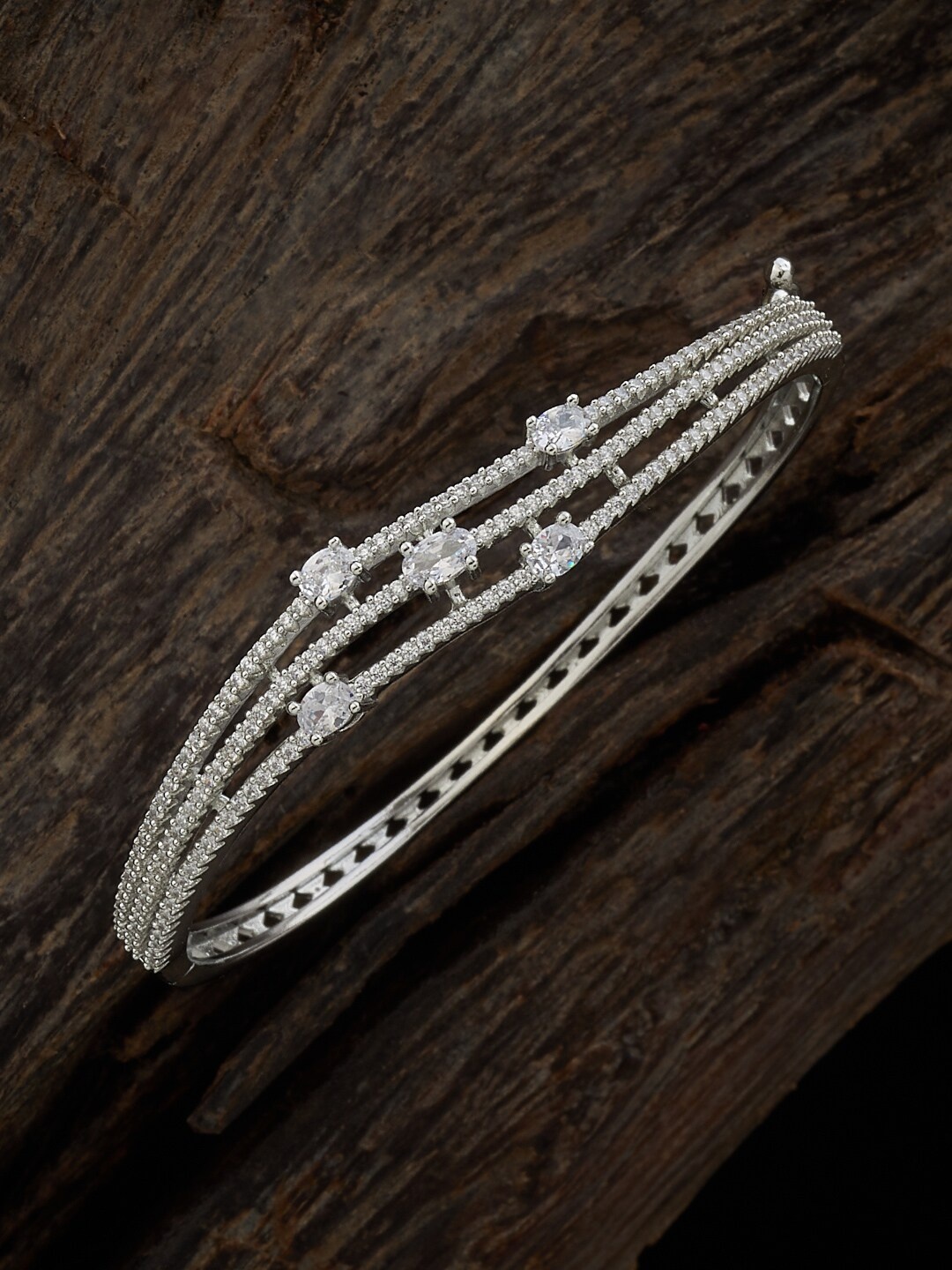 

Kushal's Fashion Jewellery Rhodium-Plated Zircon-Studded Kada Bracelet, Silver