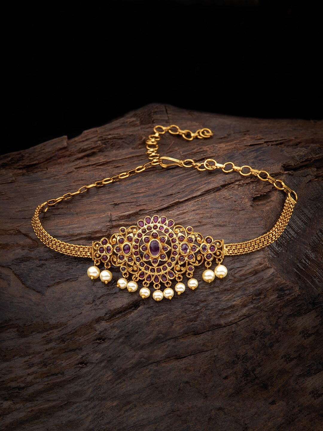 

Kushal's Fashion Jewellery Gold-Plated Stone Studded & Beaded Antique Armlet Bracelet
