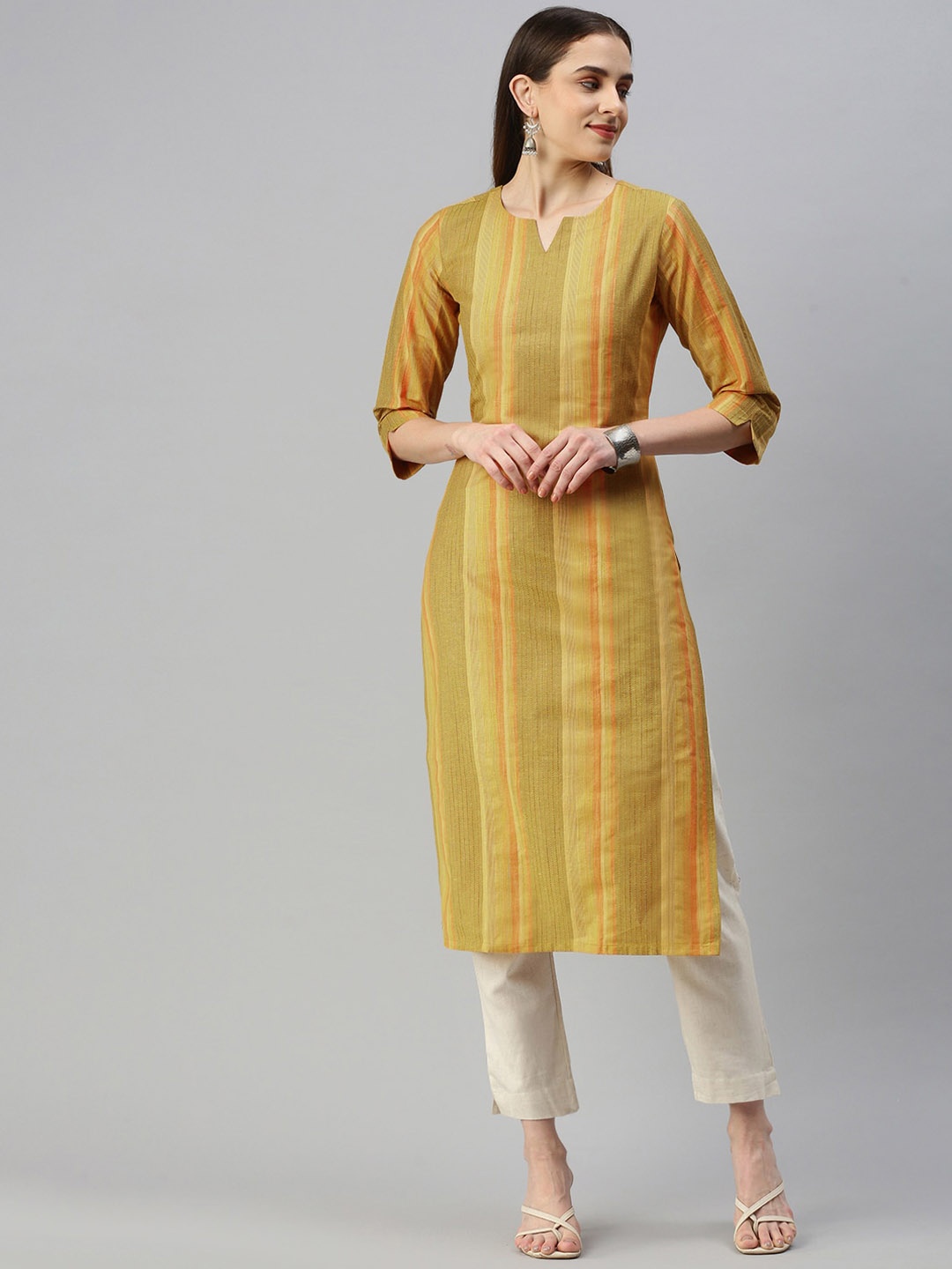 

Shaily Women Checked Thread Work Kurta, Yellow