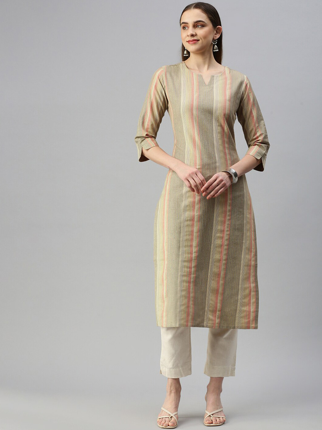

Shaily Women Striped Keyhole Neck Thread Work Kurta, Beige
