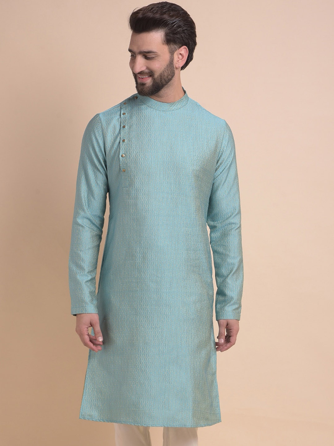 

Anouk Geometric Woven Design Band Collar Long Sleeves Straight Kurta, Blue