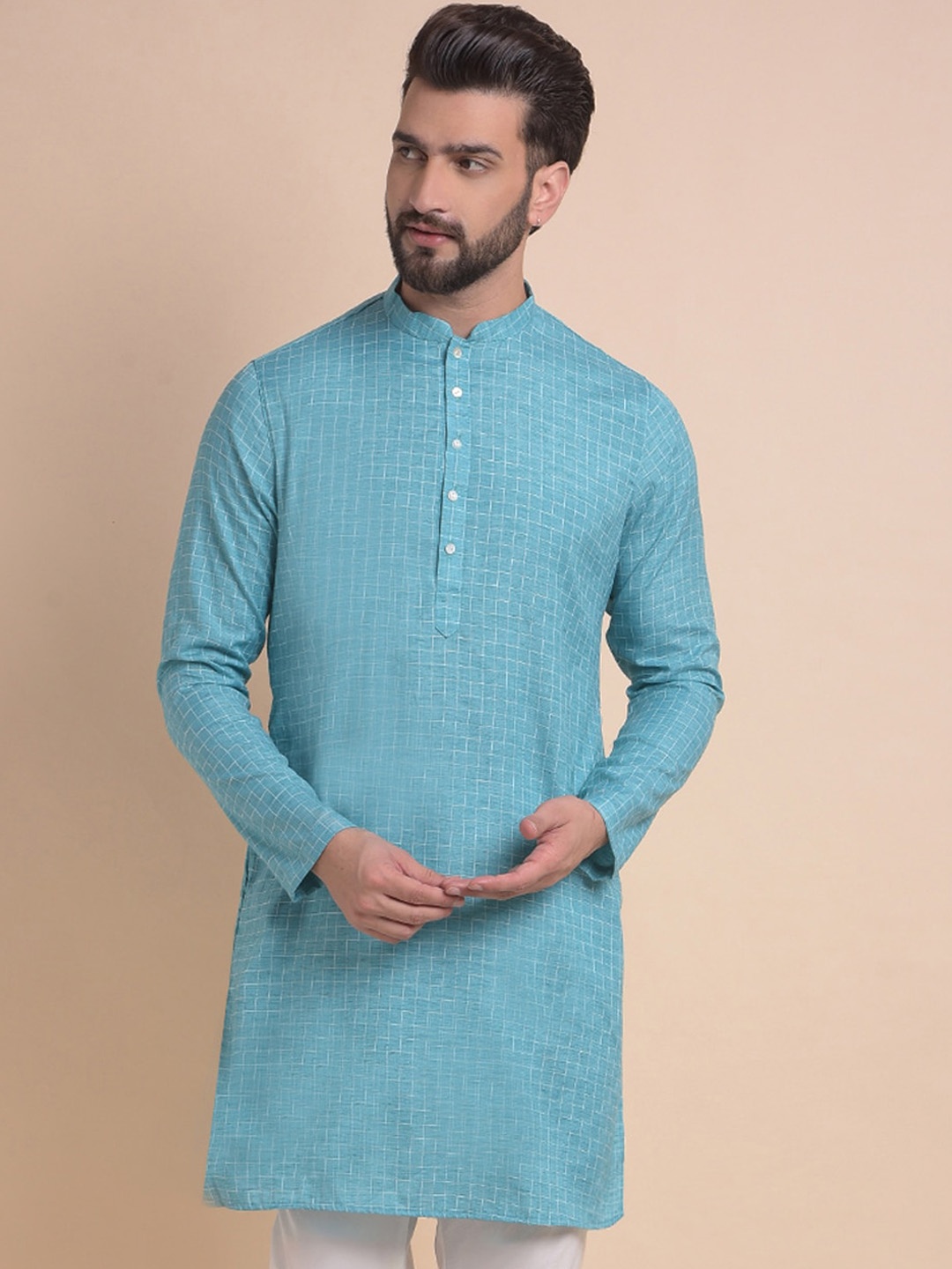 

Anouk Checked Woven Design Mandarin Collar Long Sleeves Straight Kurta, Green