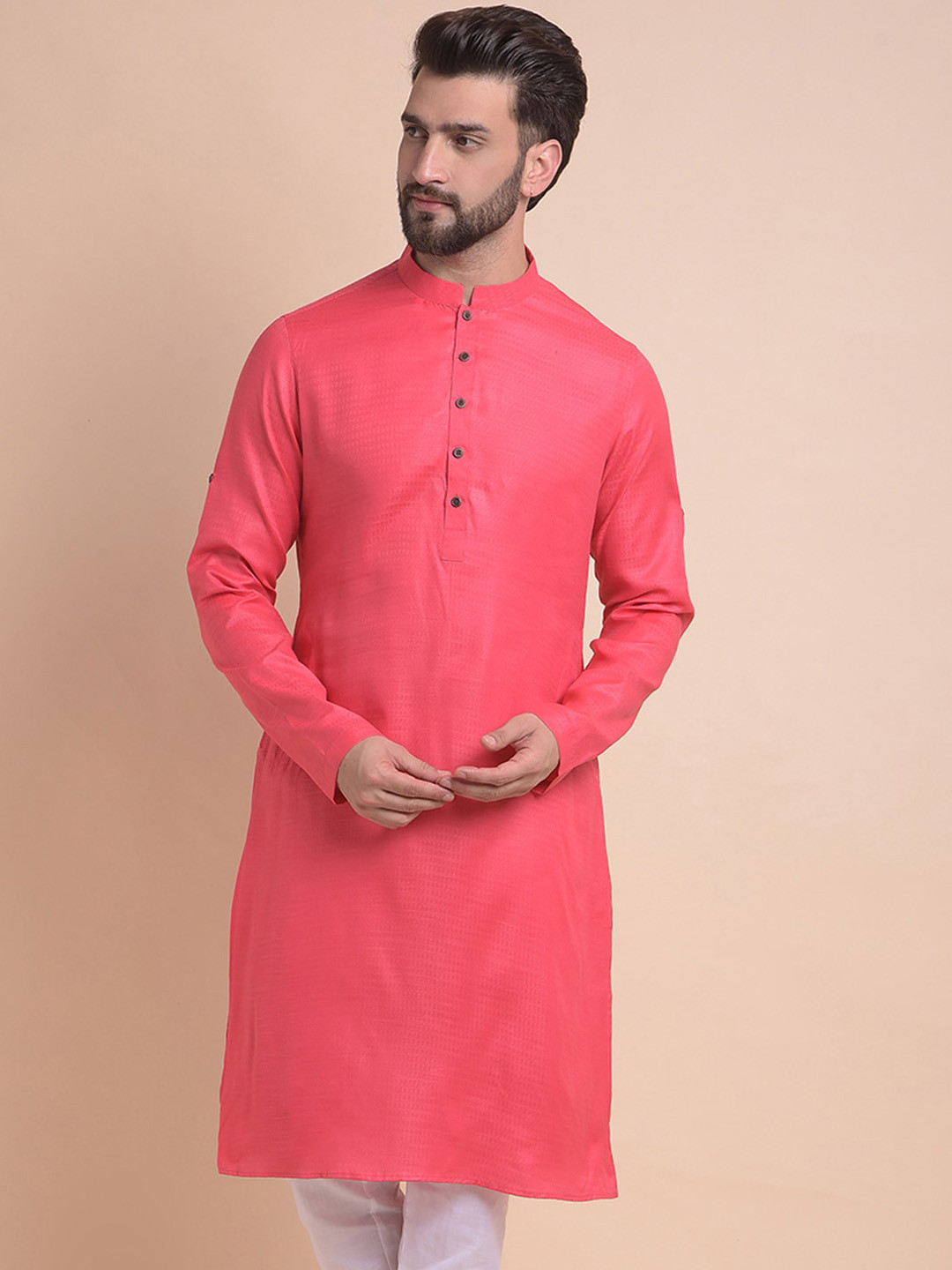

Anouk Mandarin Collar Long Sleeves Thread Work Kurta, Pink