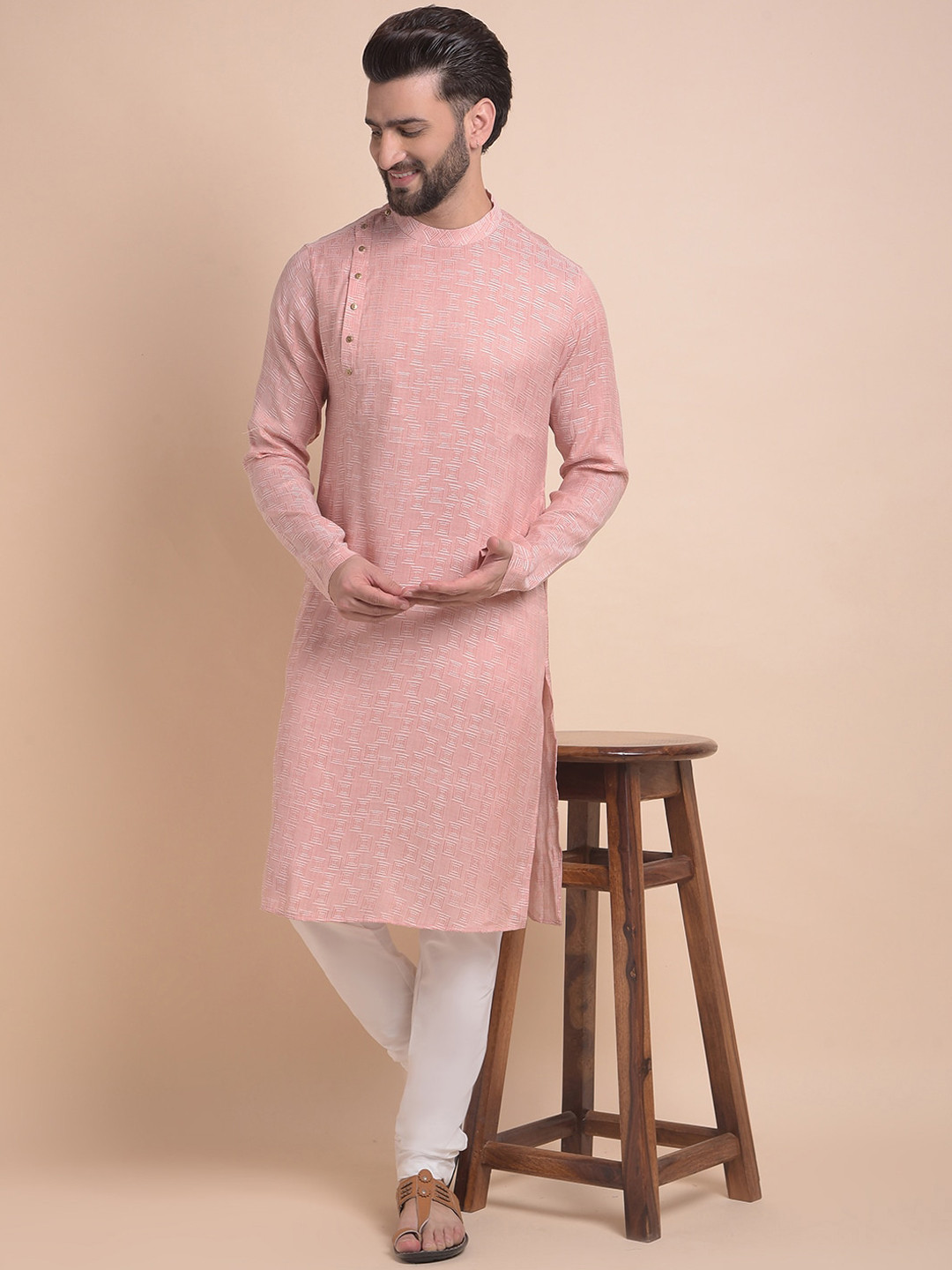 

Anouk Pink Woven Design Jacquard Straight Kurta