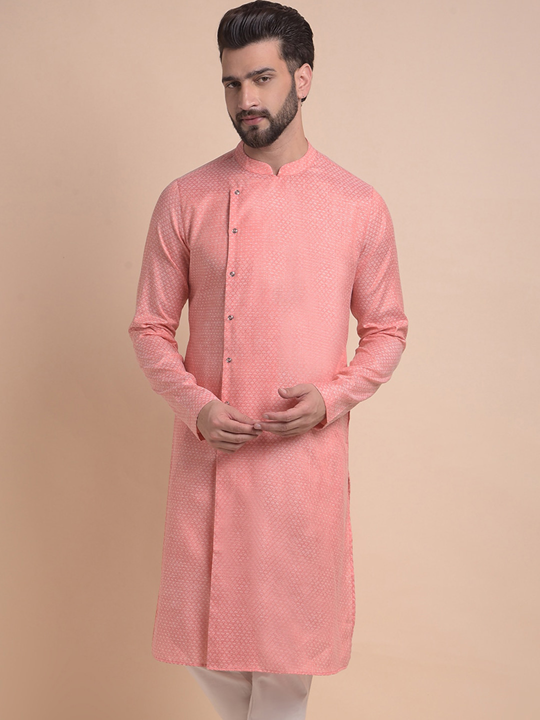 

Anouk Red Ethnic Motifs Woven Design Mandarin Collar Angrakha Kurta