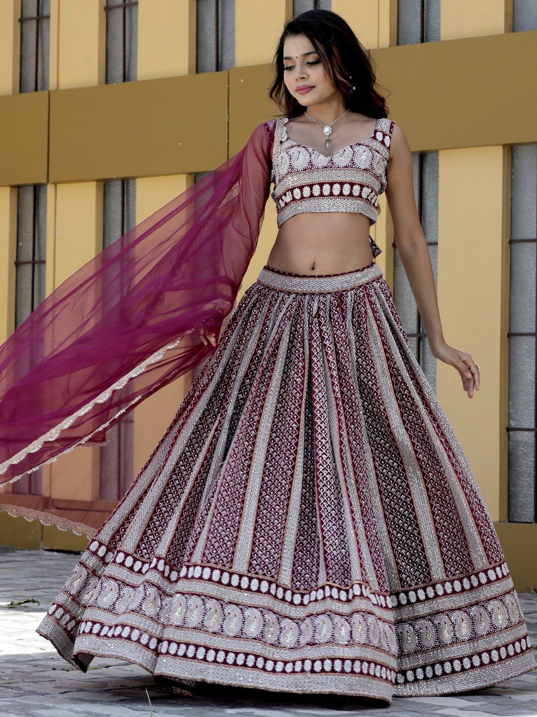 

TIKODI Embroidered Thread Work Semi-Stitched Lehenga & Unstitched Blouse With Dupatta, Purple