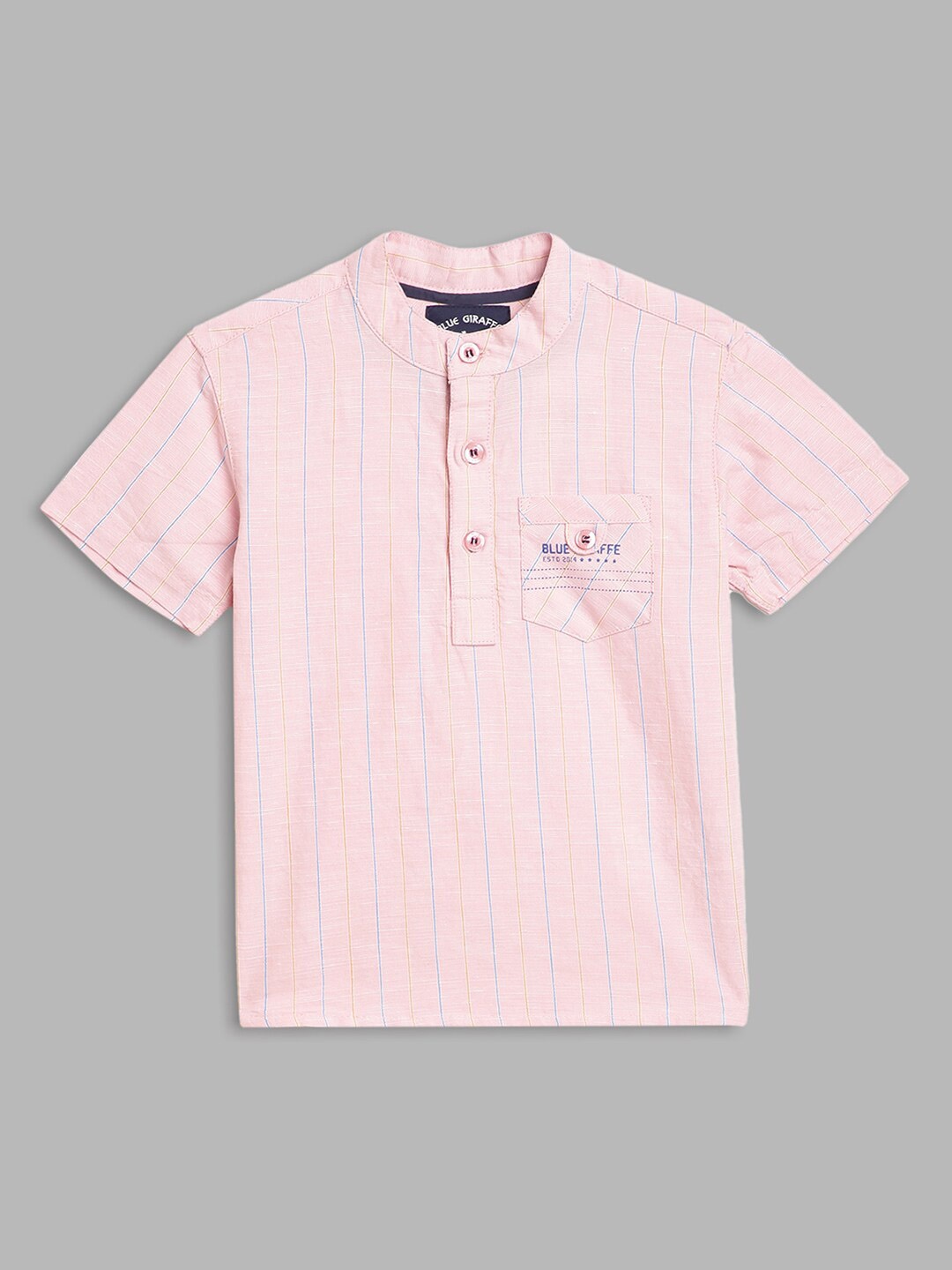 

Blue Giraffe Boys Vertical Striped Band Collar Pure Cotton Casual Shirt, Pink