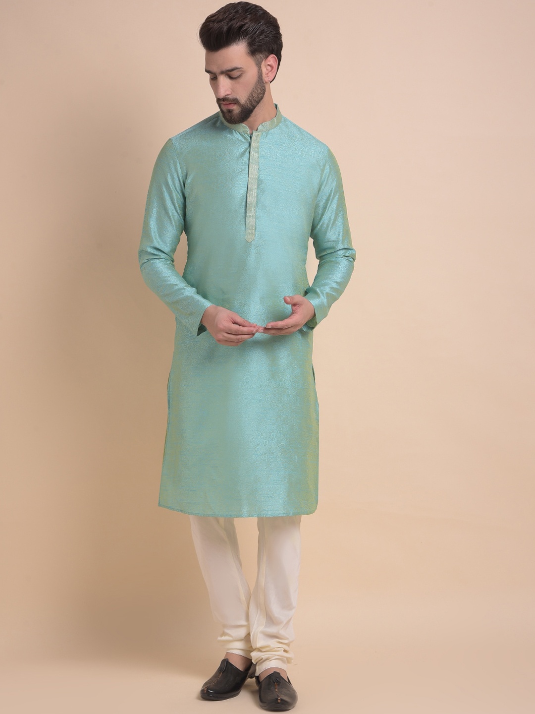 

Anouk Blue Ethnic Motifs Woven Design Jacquard Mandarin Collar Kurta with Churidar