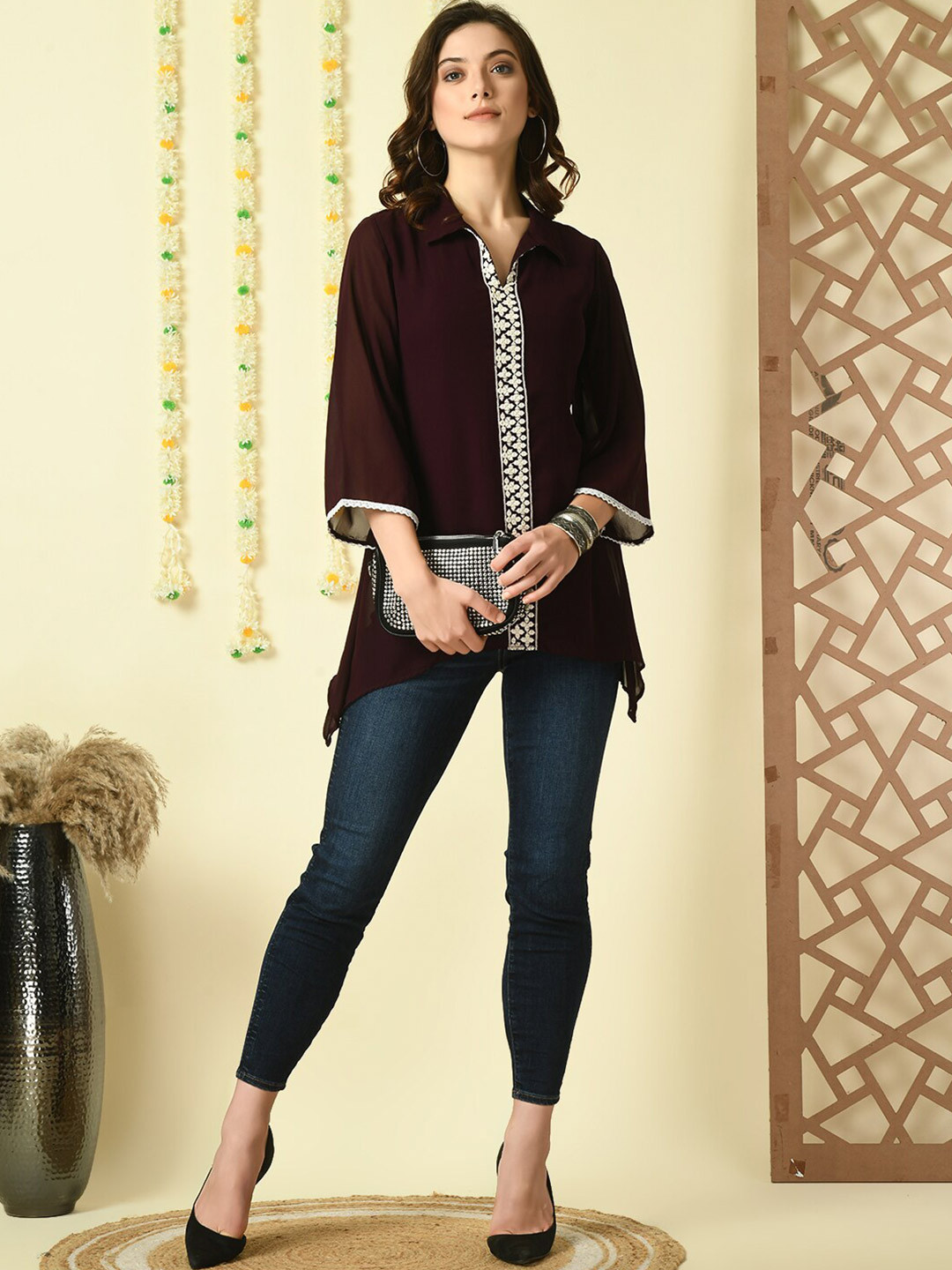 

KALINI Georgette Embroidered Shirt Style Top, Coffee brown