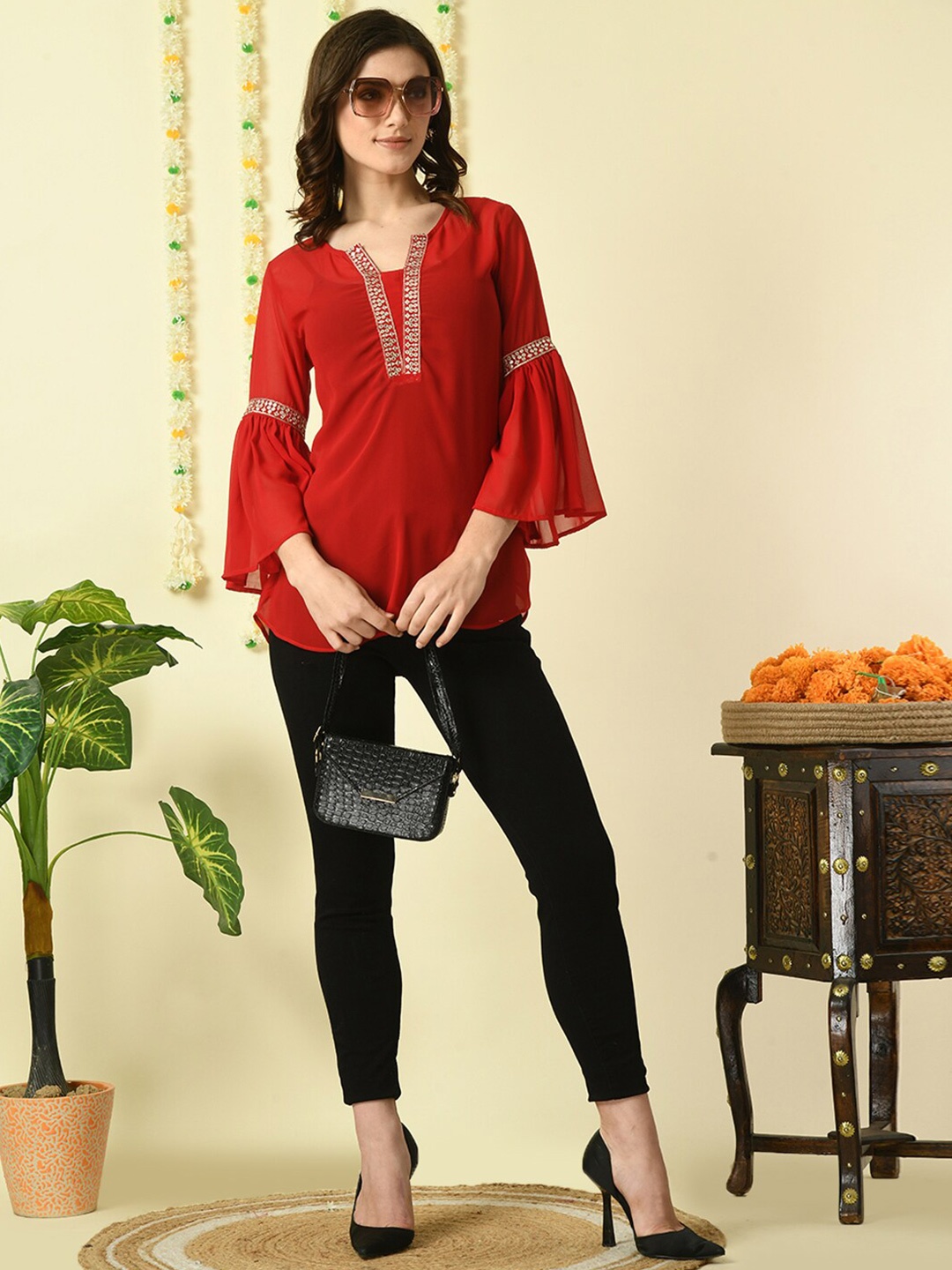 

KALINI Bell Sleeve Embroidered Georgette Top, Red