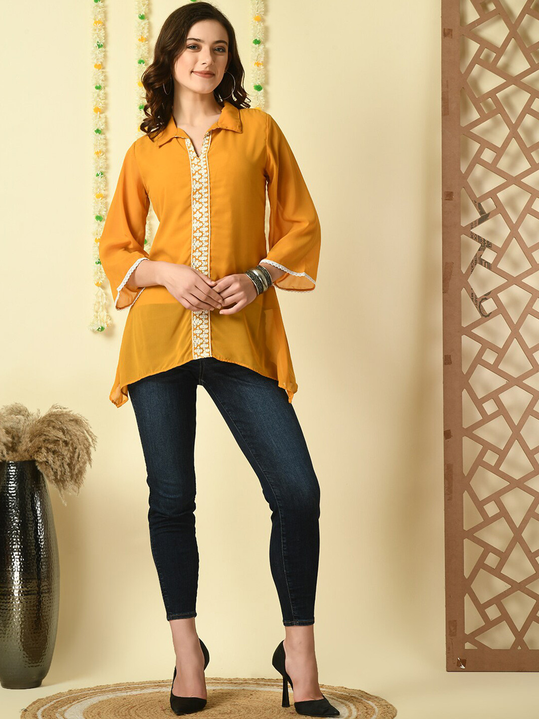 

KALINI Embroidered Georgette High-Low Top, Mustard