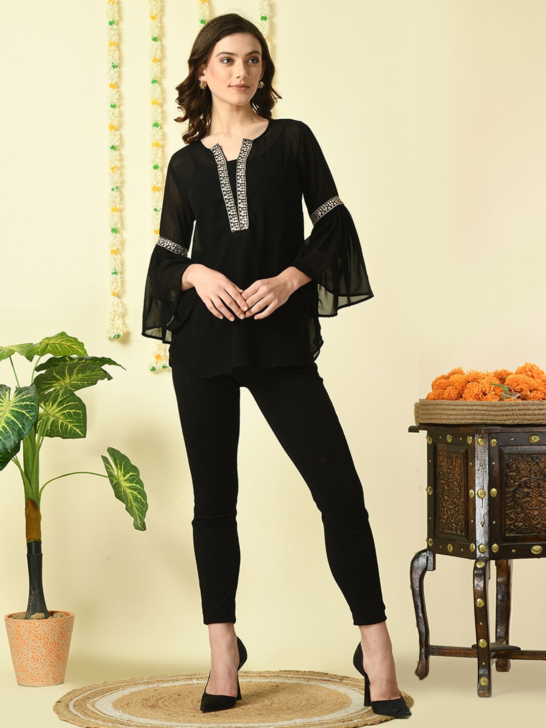 

KALINI V- Neck Embroidered Georgette Top, Black