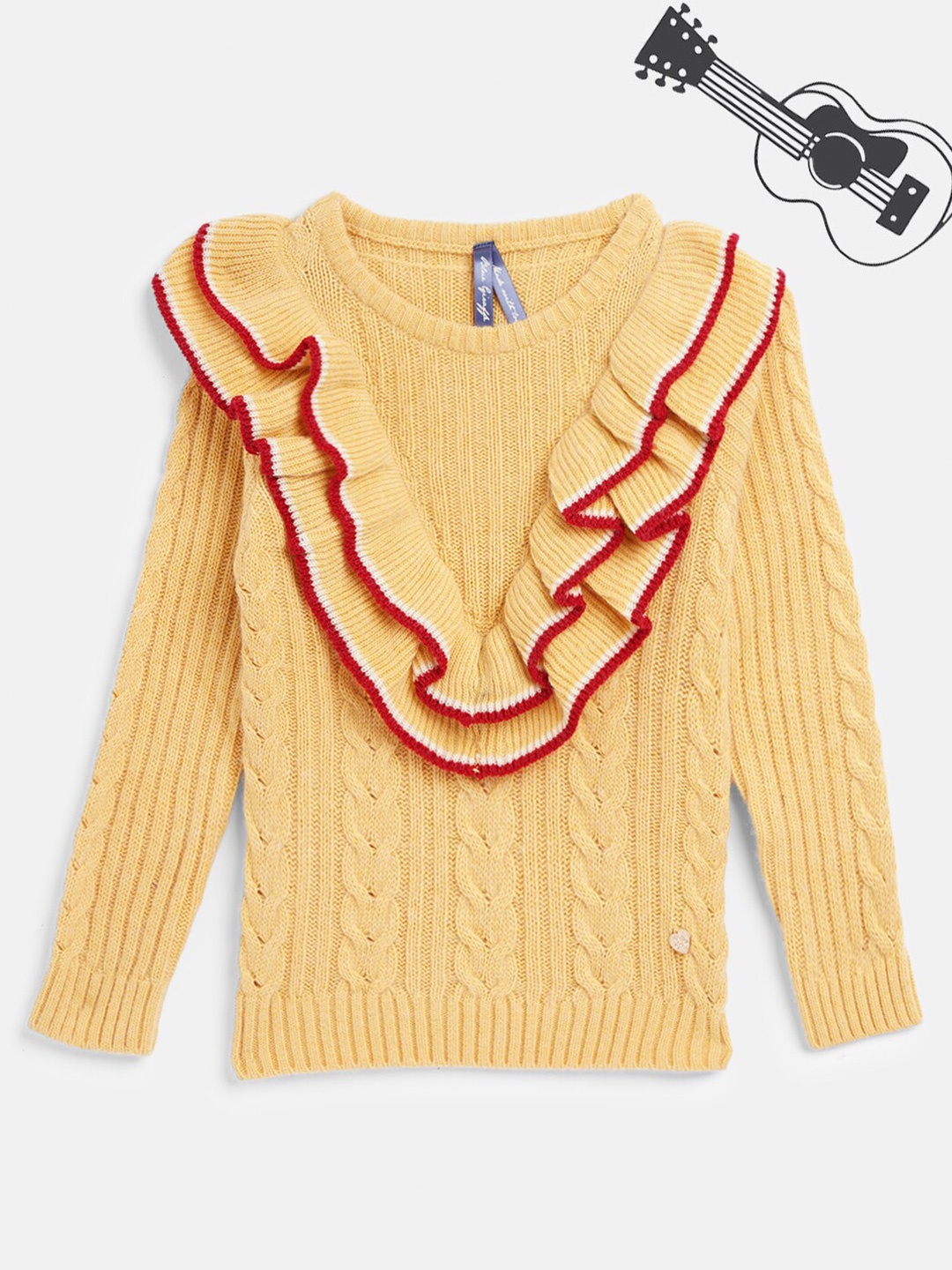 

Blue Giraffe Girls Round Neck Long Sleeves Cable Knit Cotton Pullover Sweater, Yellow