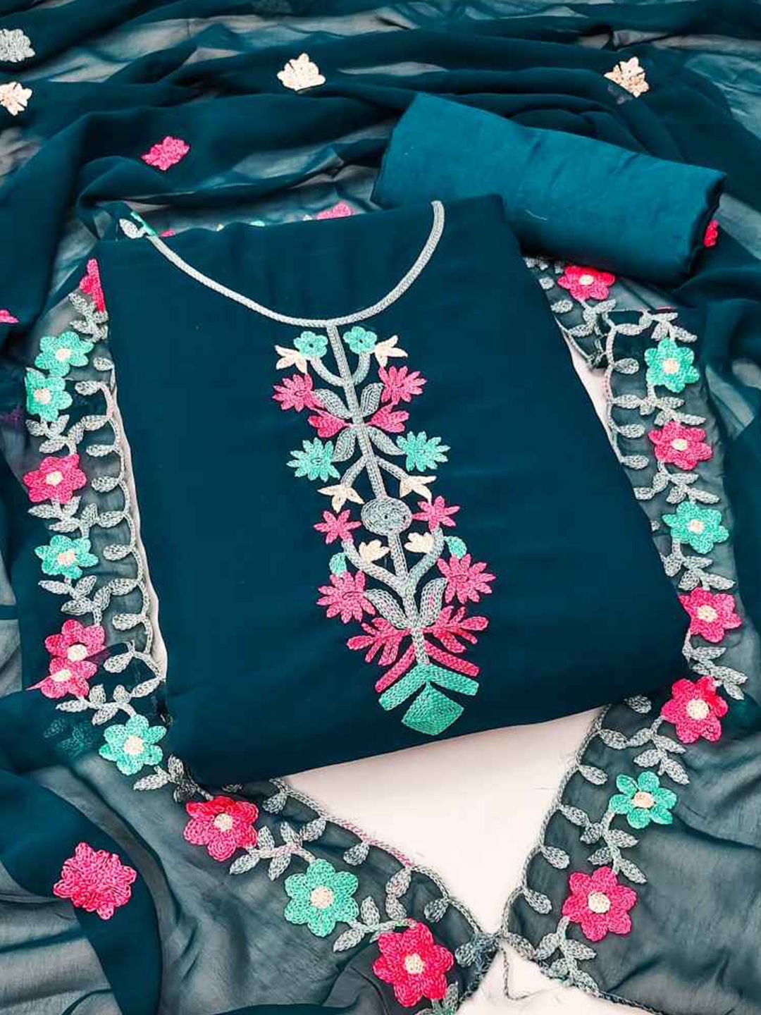

faxofab Floral Embroidered Silk Georgette Unstitched Dress Material, Teal