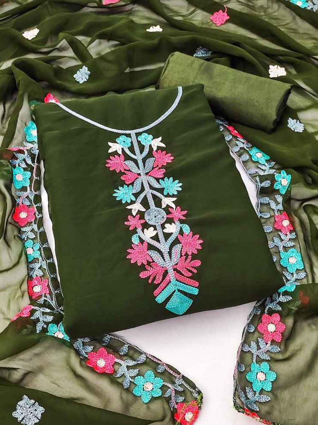 

faxofab Floral Embroidered Silk Georgette Unstitched Dress Material, Green