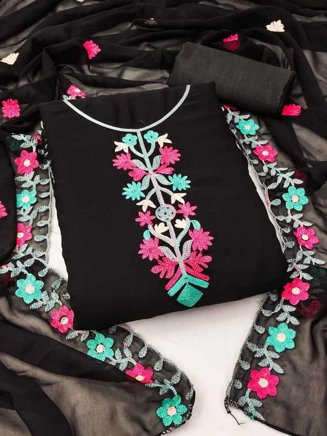 

faxofab Floral Embroidered Silk Georgette Unstitched Dress Material, Black