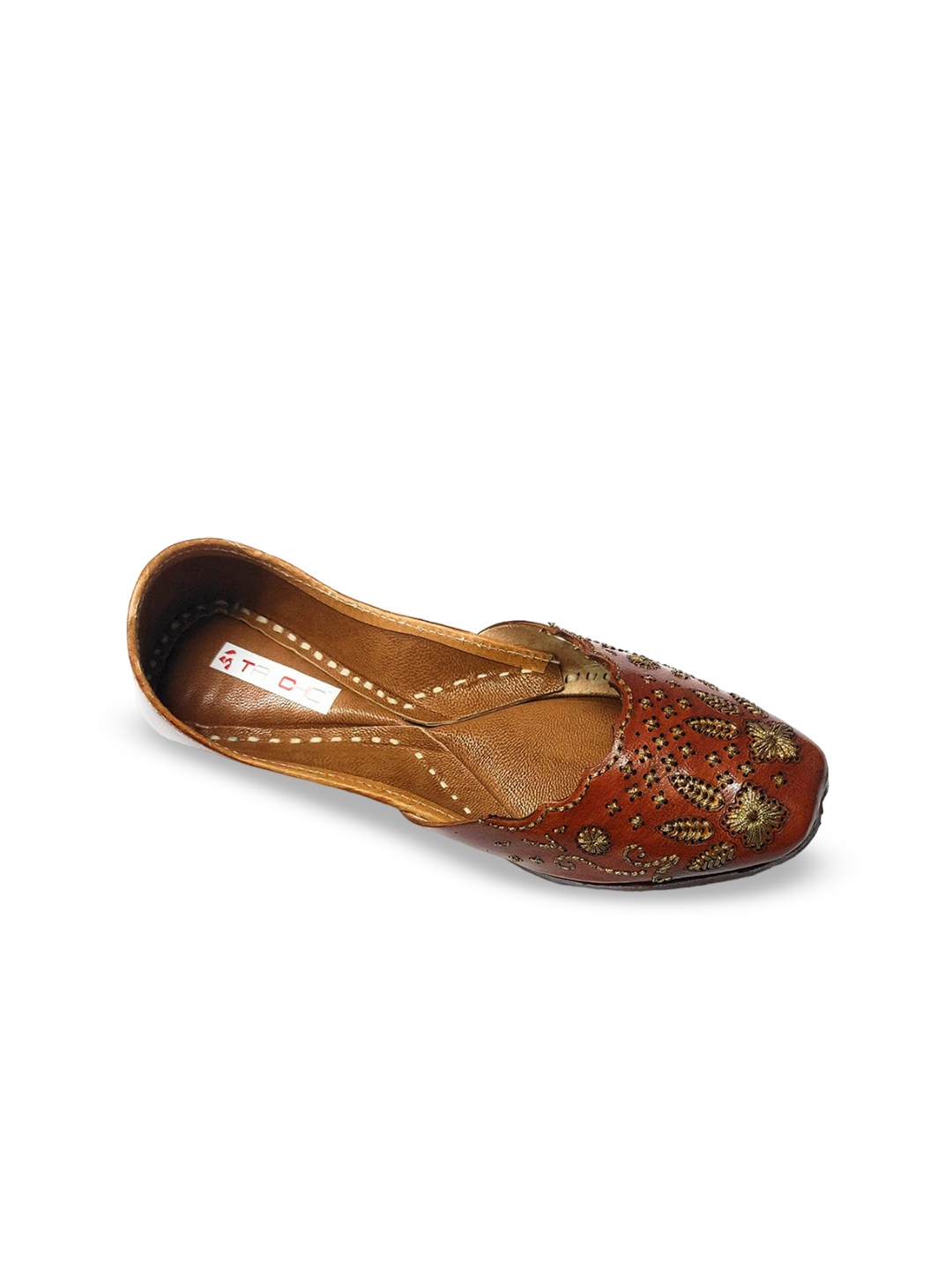 

Ta Chic Embroidered Square Toe Leather Mojaris, Brown
