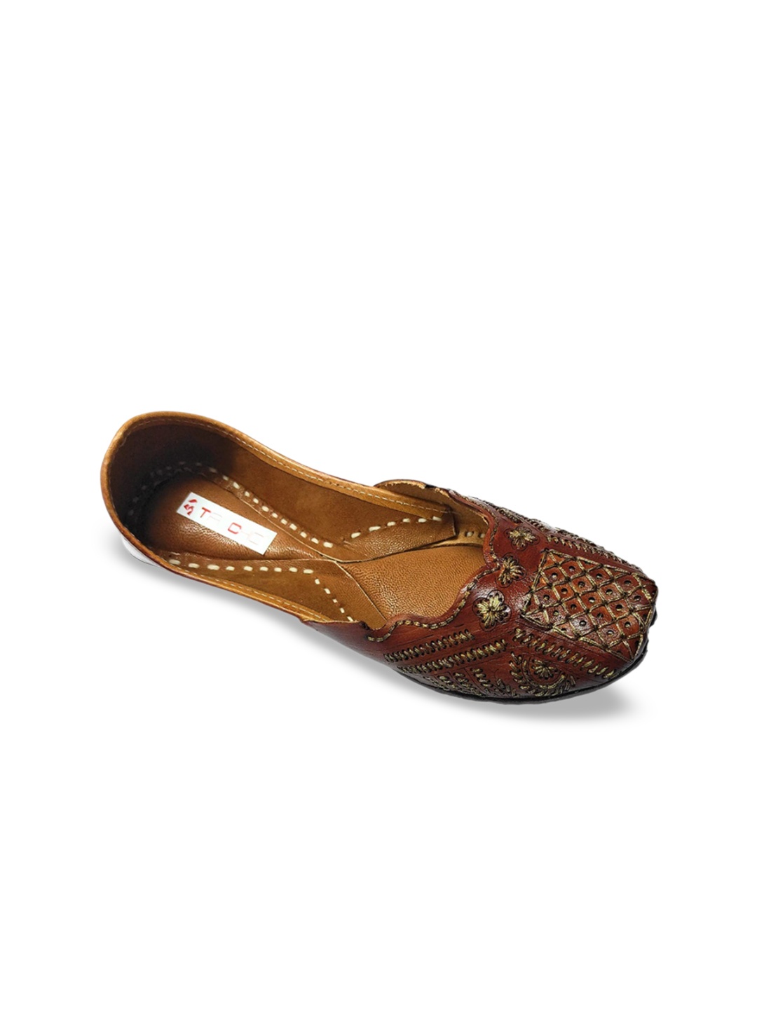 

Ta Chic Embroidered Square Toe Leather Mojaris, Brown