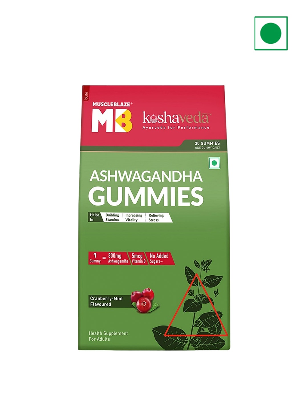 

Koshaveda MuscleBlaze Ashwagandha Gummies - Cranberry-Mint Flavour - 30 Gummies, Red