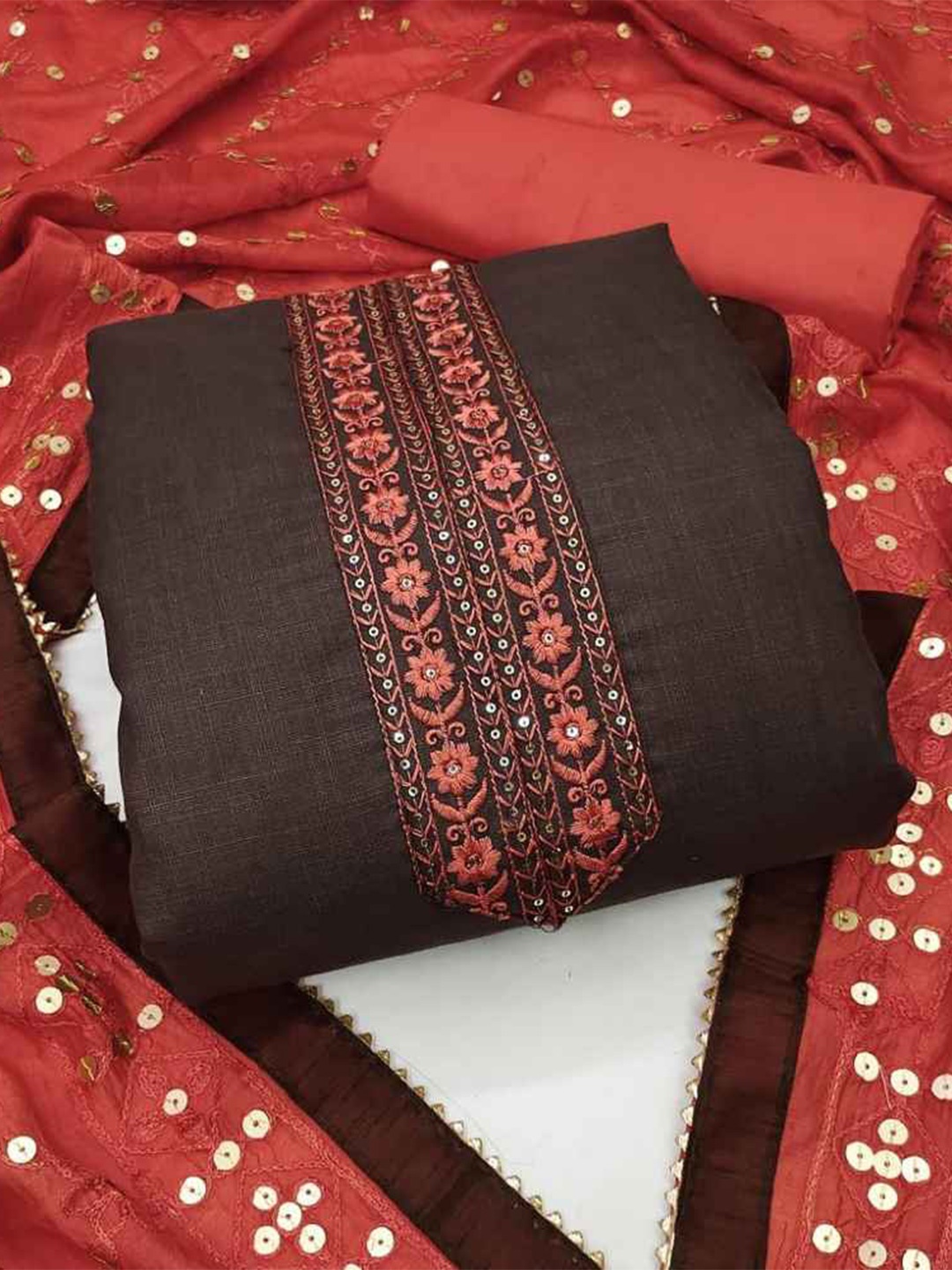 

faxofab Floral Woven Design Sequinned Unstitched Dress Material, Brown