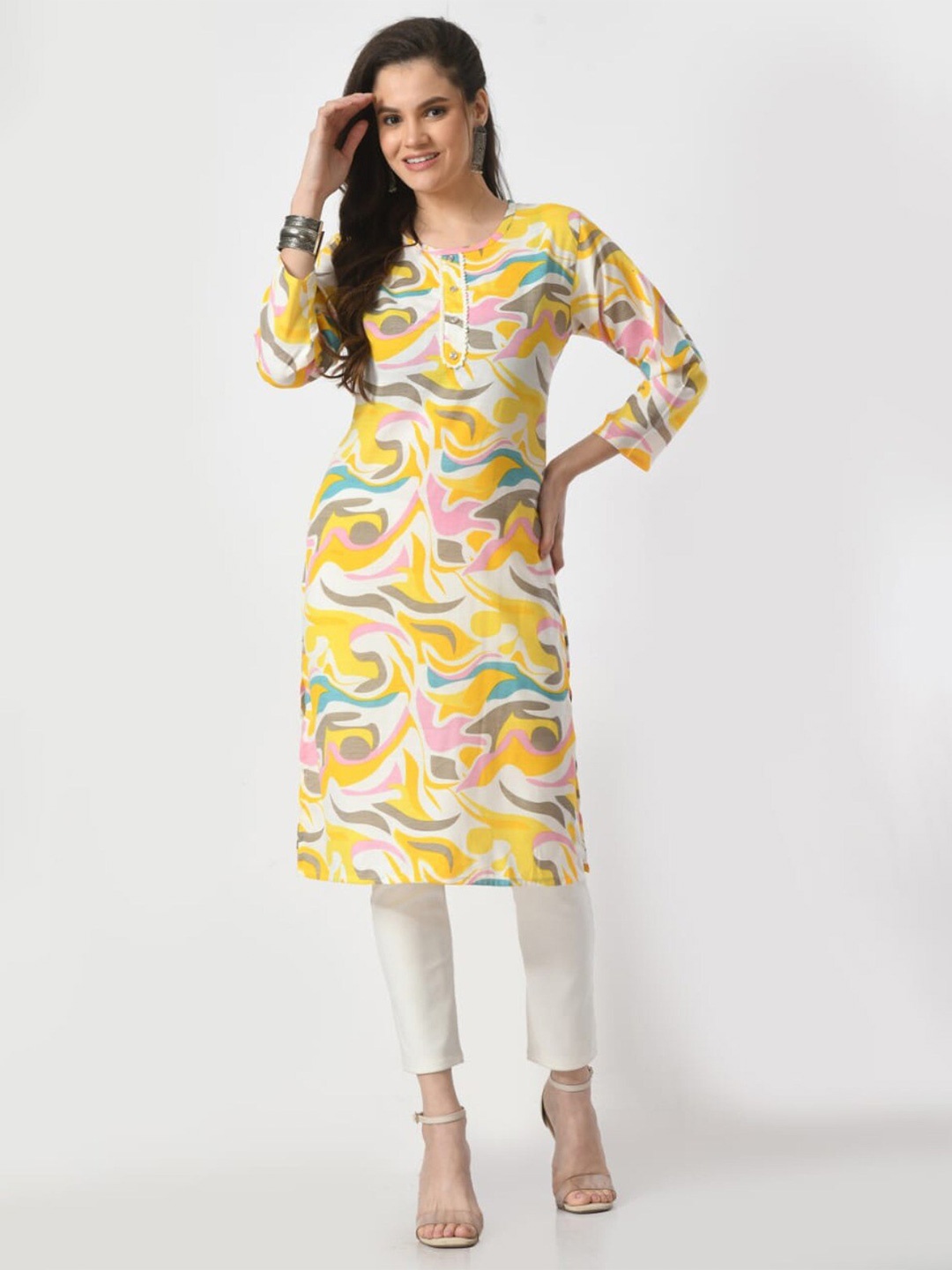 

BAESD Printed Round Neck Straight Kurta, Yellow