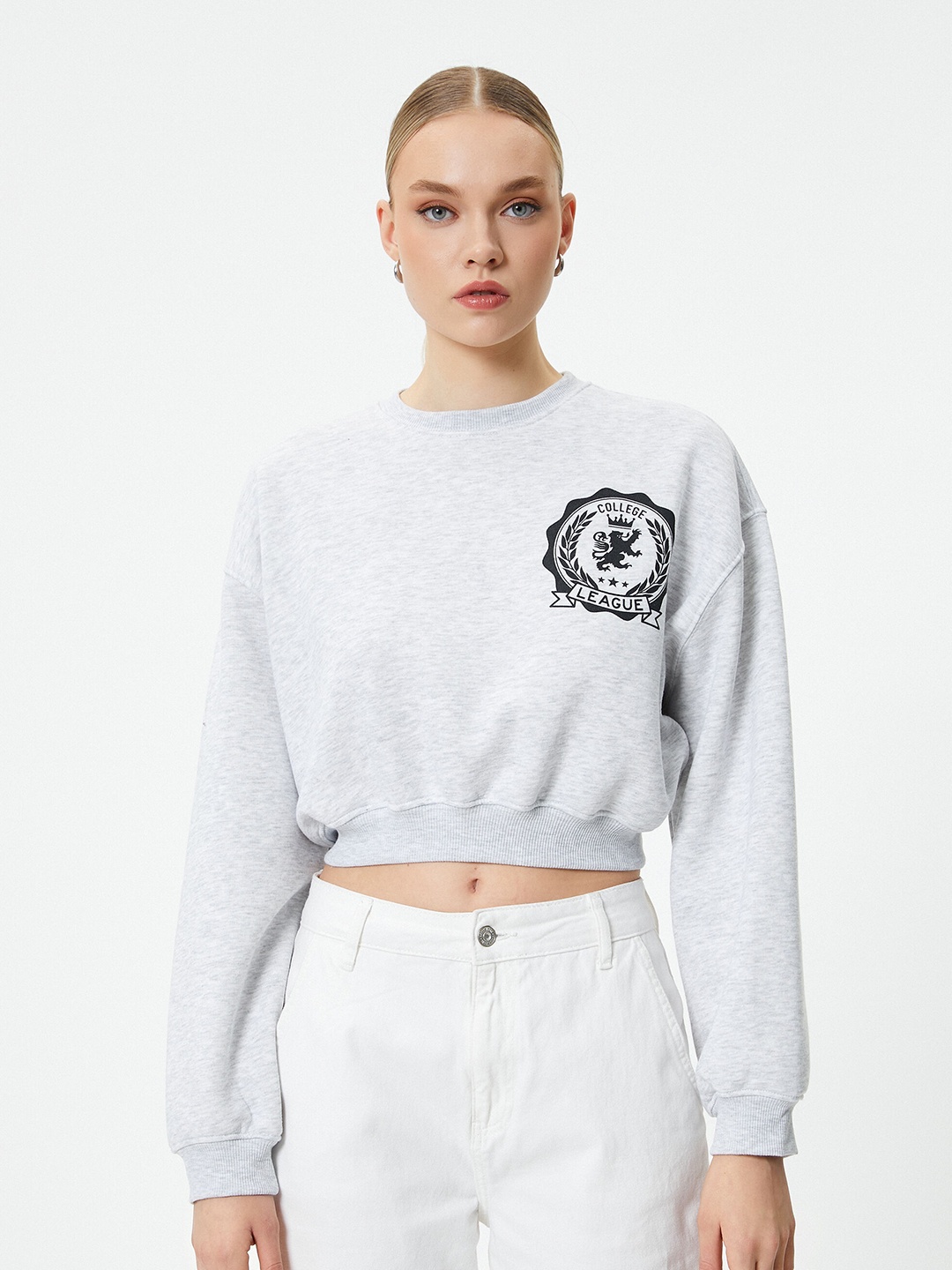 

Koton Typography Printed Ribbed Pullover Crop Sweatshirt, Grey