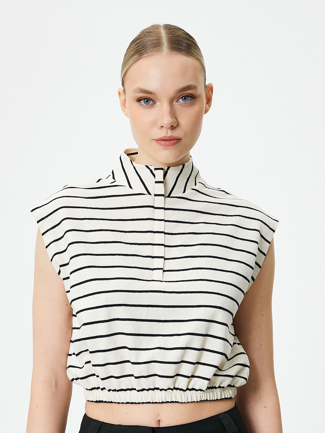 

Koton Striped Cotton Mock Collar Straight Pullover Sweatshirt, Black