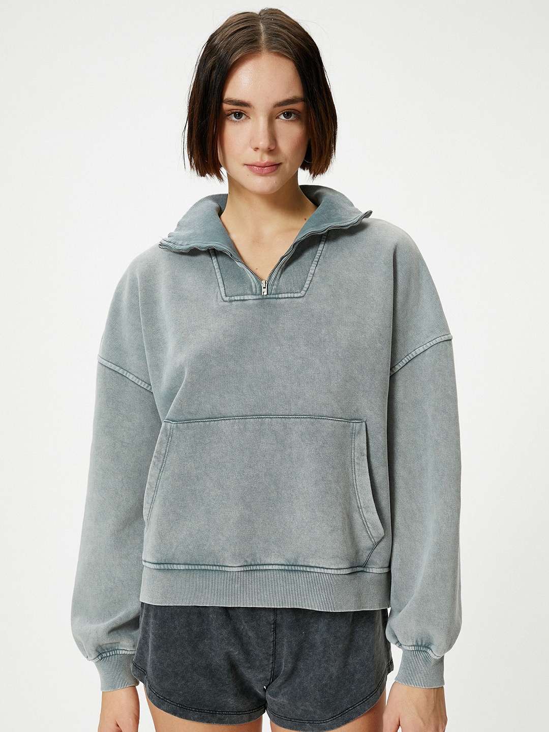 

Koton Cotton Hood Ribbed Pullover Sweatshirt, Grey