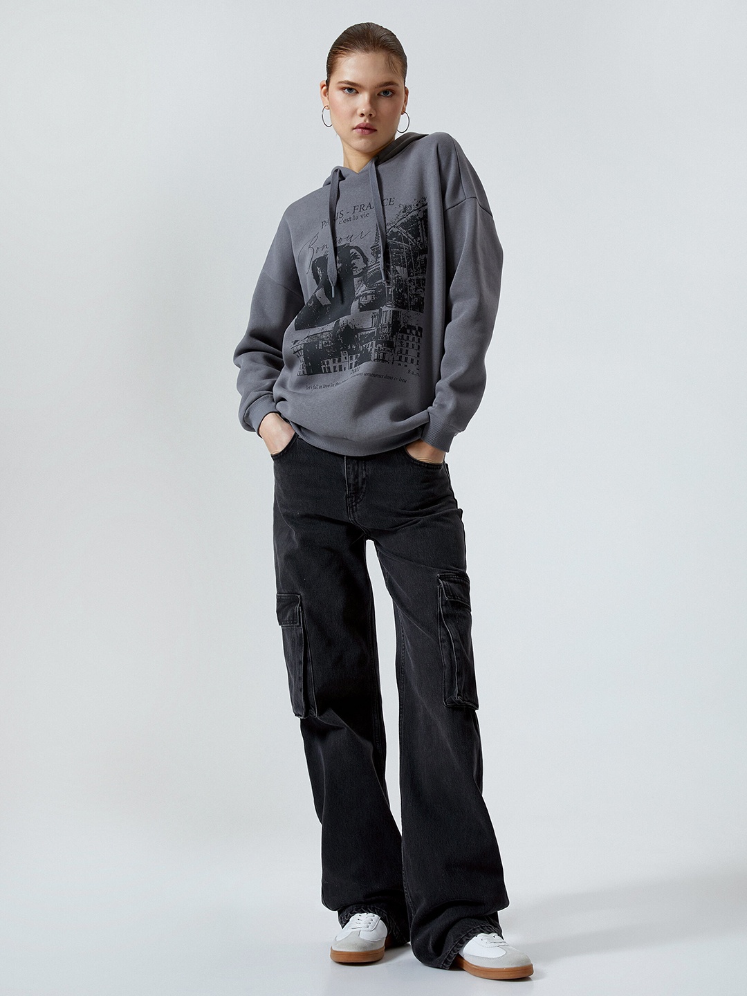 

Koton Graphic Printed Cotton Straight Pullover Sweatshirt, Grey