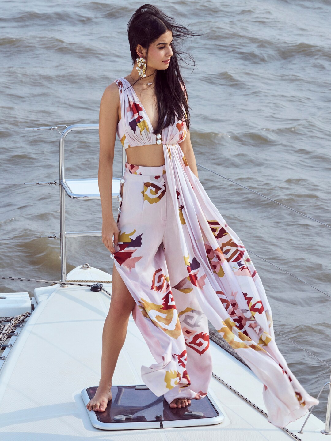 

NIRMOOHA Abstract Printed V-Neck Crop Top With Trousers, Peach
